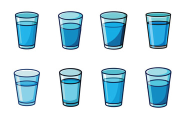 Eight refreshing glasses of clean, clear, blue water in various levels