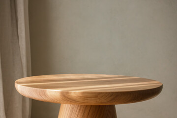 close up of modern wooden round table in minimalist living room setting in warm tones. minimalist interior design. aesthetic background