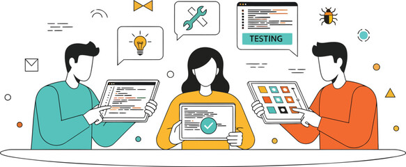 Software developers testing innovative application features for modern technology