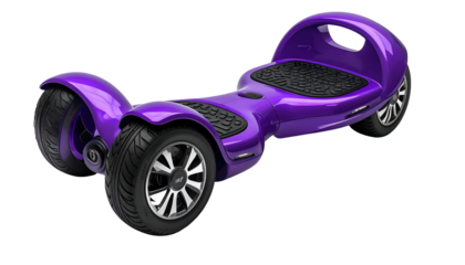 A sleek, purple self-balancing scooter with black textured pads, and thick tires against a black background