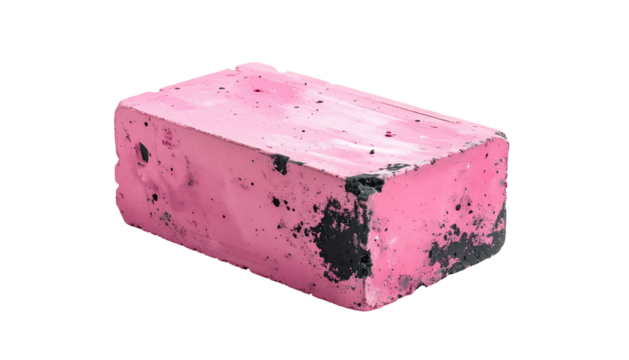 Pink rectangular eraser shows wear, displaying marks and smudges against a stark black background. Simple, clean image