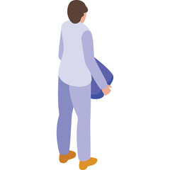 Isometric person in blue pajamas holding a pillow with transparent background full body view from back neutral expression