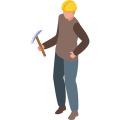 Isometric Person In Hard Hat Holding Pickaxe Wearing Brown Vest And Blue Pants On White Background