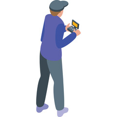 Isometric Person In Blue Shirt and Grey Pants Holding a Small Device With Yellow Screen