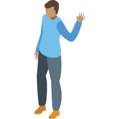 Isometric person in light blue long sleeve shirt and dark gray pants waving hand with orange shoes on transparent background