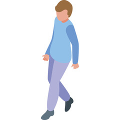 Isometric person in light blue long sleeve shirt and light purple pants walking with a clean transparent background and a white background backdrop