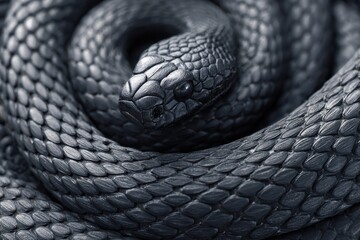 Realistic portrayal of the tail of a black snake coiled in a natural setting highlighting its intricate scales and textures under soft ambient lighting during the daytime