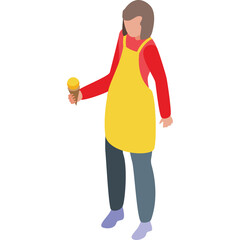 Isometric Person In Yellow Apron Holding Ice Cream Cone With Red Long Sleeved Shirt And Blue Pants In Studio