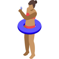Isometric Person in Swimsuit and Blue Float Taking Selfie with Phone on White Background