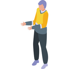 Isometric person in yellow vest and blue pants gesturing with open hands isolated on transparent background vector illustration