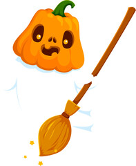 Naklejka premium Funny Halloween ghost character with pumpkin head and broomstick. Cute kawaii cartoon personage with cheerful face and bright orange head. Vector spooky monster for Halloween kids party