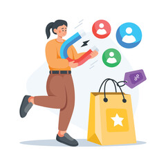 A woman holding magnet and attracting customer, customer attraction concept vector