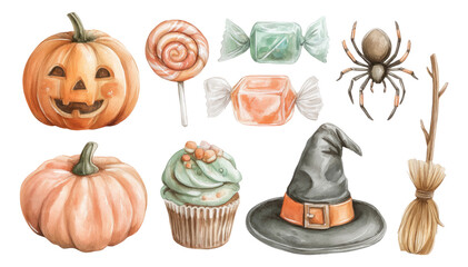 Watercolor Halloween Elements Including Pumpkin, Candy, Spider, and Witch Hat on Transparent Background