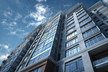 Fototapeta premium Residential apartment building showcasing modern architecture with large glass windows, situated in an urban area under a clear blue sky
