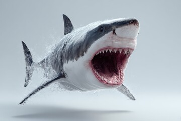 Fototapeta premium White shark shows impressive feeding behavior with mouth wide open, showcasing its powerful jaws during marine encounter in clear waters near coastal region