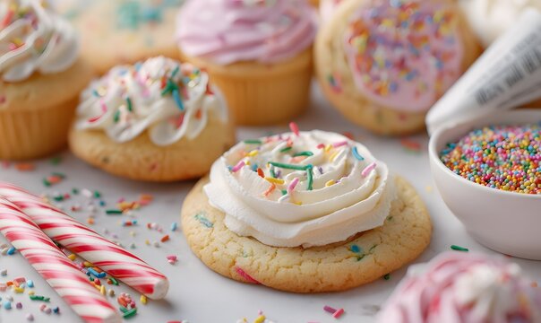 birthday cookies with frosting and colorful sprinkles, with one cookie in the center surrounded by others on a white background - Powered by Adobe