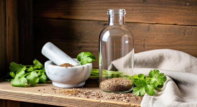Glass Bottle with Caraway Seeds and Mortar and Pestle on a Rustic Wooden Background