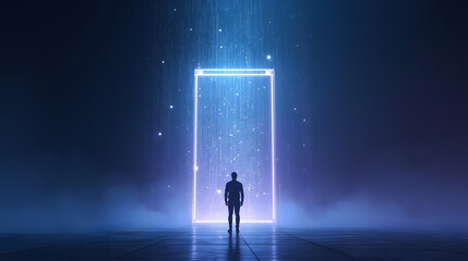 Silhouette Standing At Portal With Intense Light Future Gateway Intense Silhouette Figure Standing Before Light Filled Doorway To Another Dimension Abstract Man Dark Outline