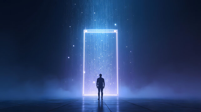 Silhouette Standing At Portal With Intense Light Future Gateway Intense Silhouette Figure Standing Before Light Filled Doorway To Another Dimension Abstract Man Dark Outline