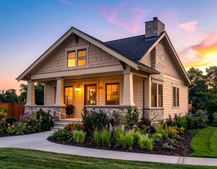Charming house with garden at sunset, bathed in warm and soft light