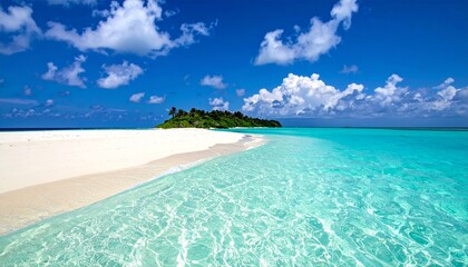 Fototapeta premium Scenic vista of a tropical atoll with clear waters and sandy shores under a bright blue sky