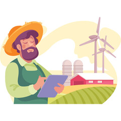 Farmer In Straw Hat Checks Tablet With Wind Turbines And Farm Buildings In Background On A Sunny Day