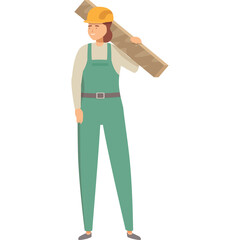 Female construction worker wearing a green jumpsuit and yellow hard hat carries a wooden plank over her shoulder on a transparent background, representing labor and building industry professions