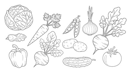 Black and white illustration of a variety of fresh vegetables including cabbage, carrot, peas, onion, potatoes, and beets with leaves.