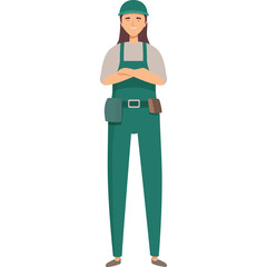 Female construction worker wearing teal overalls and a green hard hat with arms crossed in a confident pose isolated on white background full body shot