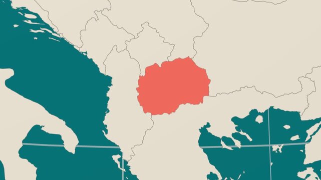 North Macedonia map. Animated zoom into the country on the Globe in Teal Pale Mint color palette. Country logo animation. Map with meridians, parallels. Captivating video.