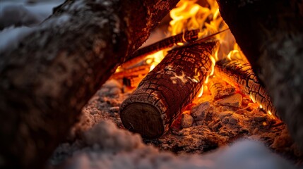 Burning logs. Close-up view of burning embers, bonfire, outdoor fireplace scene.
