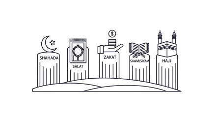 Naklejka premium The Five Pillars of Islam Vector Illustration: Shahada, Salat, Zakat, Sawm, and Hajj in Minimalist Line Art.