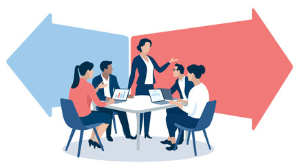 Direction. Business strategy. The team is discussing strategy. Vector illustration