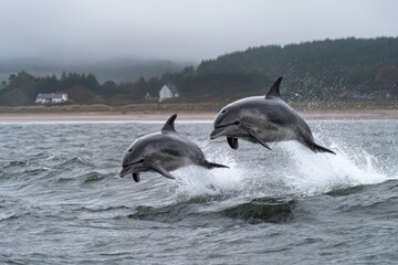 Fototapeta premium Dolphins leap gracefully from water near shore during an overcast day, showcasing their agility and playful nature in a coastal environment