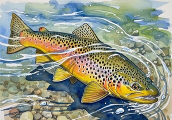 Fototapeta premium Brown Trout watercolor, Watercolor style digital painting for graphic design decoration, gifts or print design, animals, fish in water, river, sea, lake life