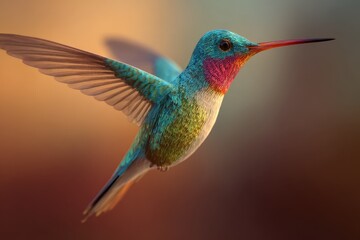Fototapeta premium Brightly colored hummingbird gracefully hovering in a flower garden during sunset creating a beautiful animated effect with alpha transparency
