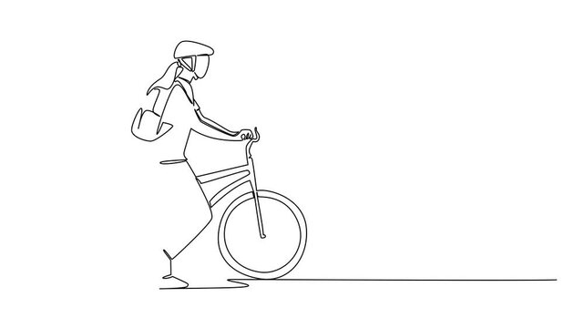 Self drawing animation of continuous one line drawing businesswoman with bicycle helmet, carrying backpack and pushing her bicycle. Take a break. Biker. National Bike to Work Day. Full length animated