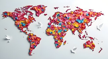Fototapeta premium Paper Art World Map with Hearts — Symbol of Global Kindness and Unity