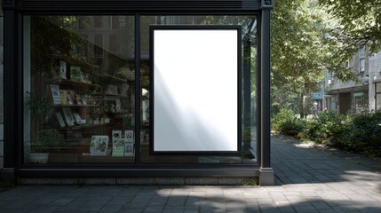Beautiful photo of blank poster on the glass wall of a shop front, the shop is selling books and cards, it is summertime.
