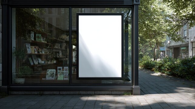 Beautiful photo of blank poster on the glass wall of a shop front, the shop is selling books and cards, it is summertime.