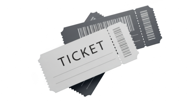 Stack of event tickets isolated on transparent background with focus on top ticket