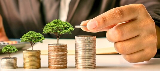 Hand cultivating tiny trees growing from stacks of coins
