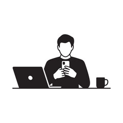 Man working on laptop and holding smartphone with coffee cup