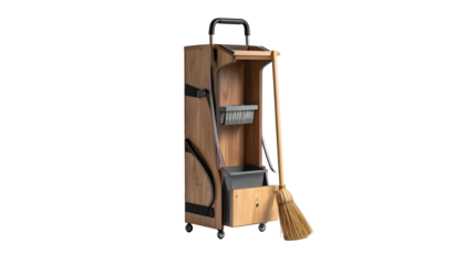 Wooden cart with broom, dustpan, and brush, on a black background