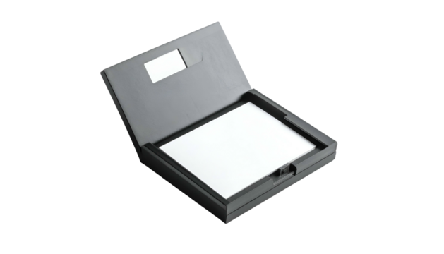 Open gray case with a bright white rectangle inside
