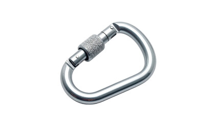 Silver d-shaped carabiner isolated against stark black background