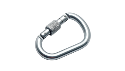 Silver d-shaped carabiner isolated against stark black background