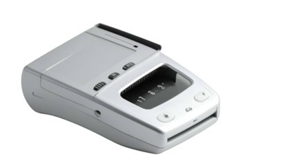 Grey tech device angled with buttons, screen, slots