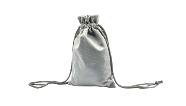 Gray fabric pouch with drawstring, on black background