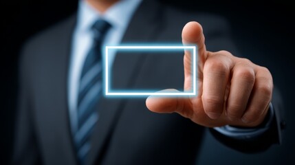 Professional businessman in formal suit engaging with modern square interface button symbolizing technology control and innovation in business context.